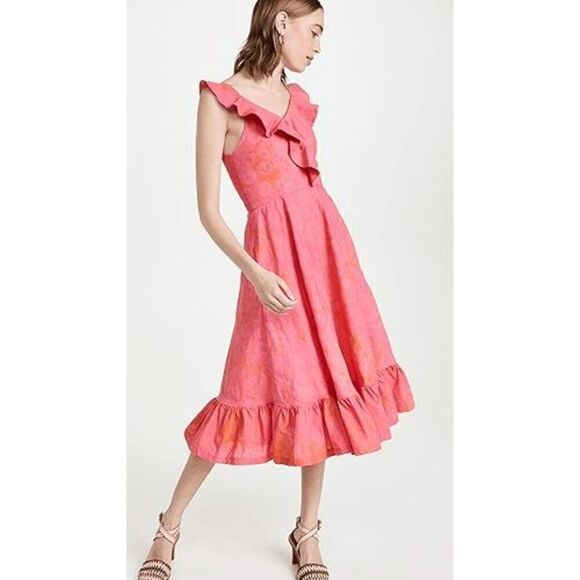 Sika Cybil Pink Orange V-Neck Ruffled Sleeveless Midi Dress Women's Size 16 - Picture 1 of 8